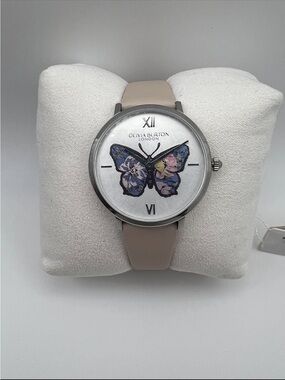 Olivia Burton Signature Butterfly Nude Leather Silver White Dial Watch 24000145